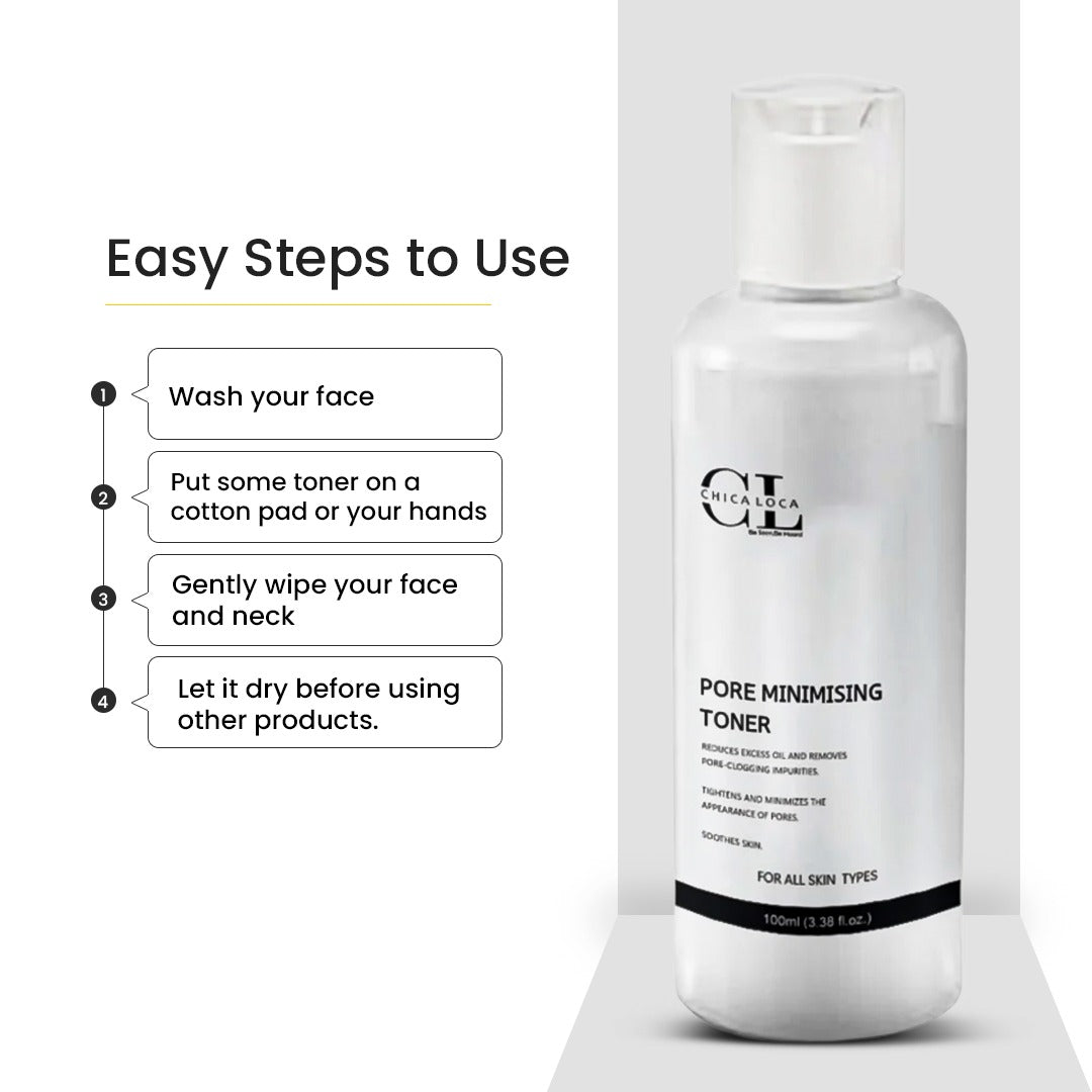 Pore minimising toner bottle with usage instructions on a white background