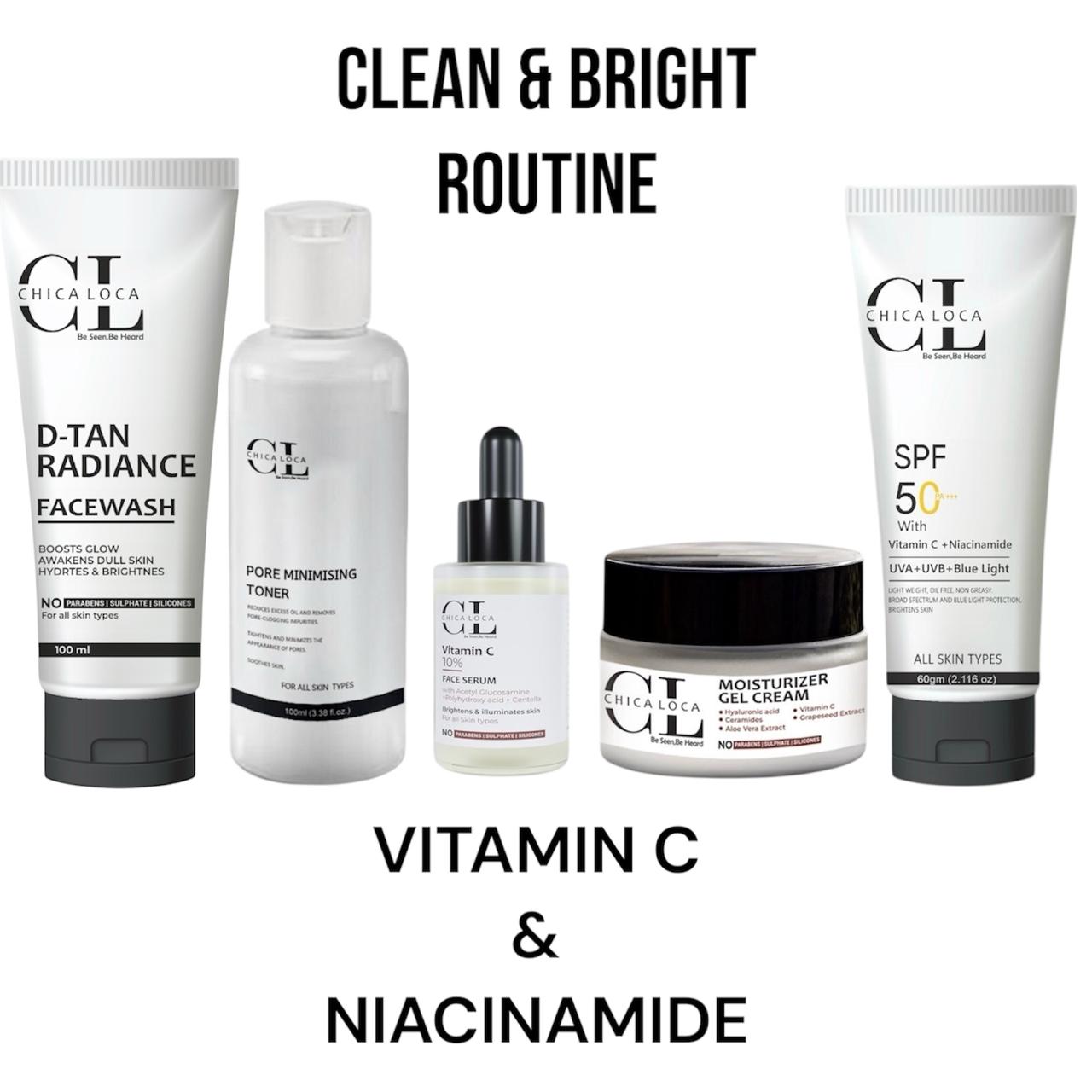 Vitamin C and Niacinamide skincare routine by Chica Loca – facewash, toner, serum, moisturizer and sunscreen SPF 50