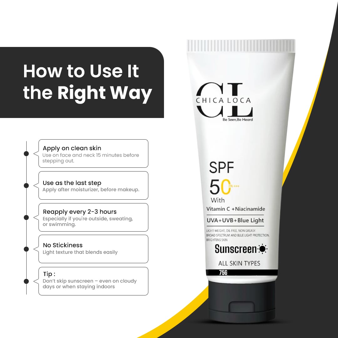 CHICA LOCA Sunscreen SPF 50 PA+++ use it the right way for Sun Protection and Glowing Skin