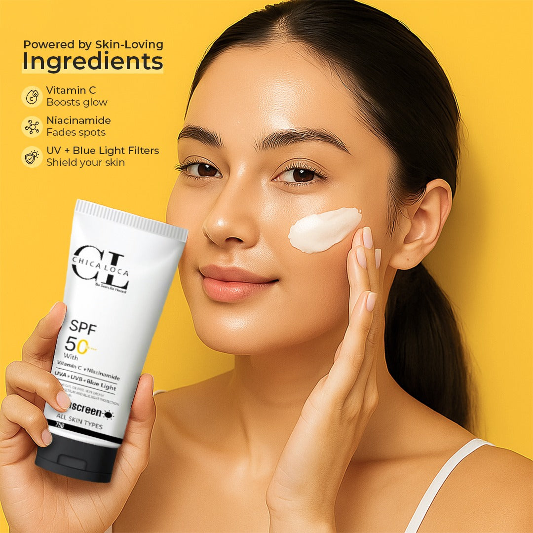 Vitamin C serum, facewash and skincare products for glowing, nourished and hydrated by chica-loca.com