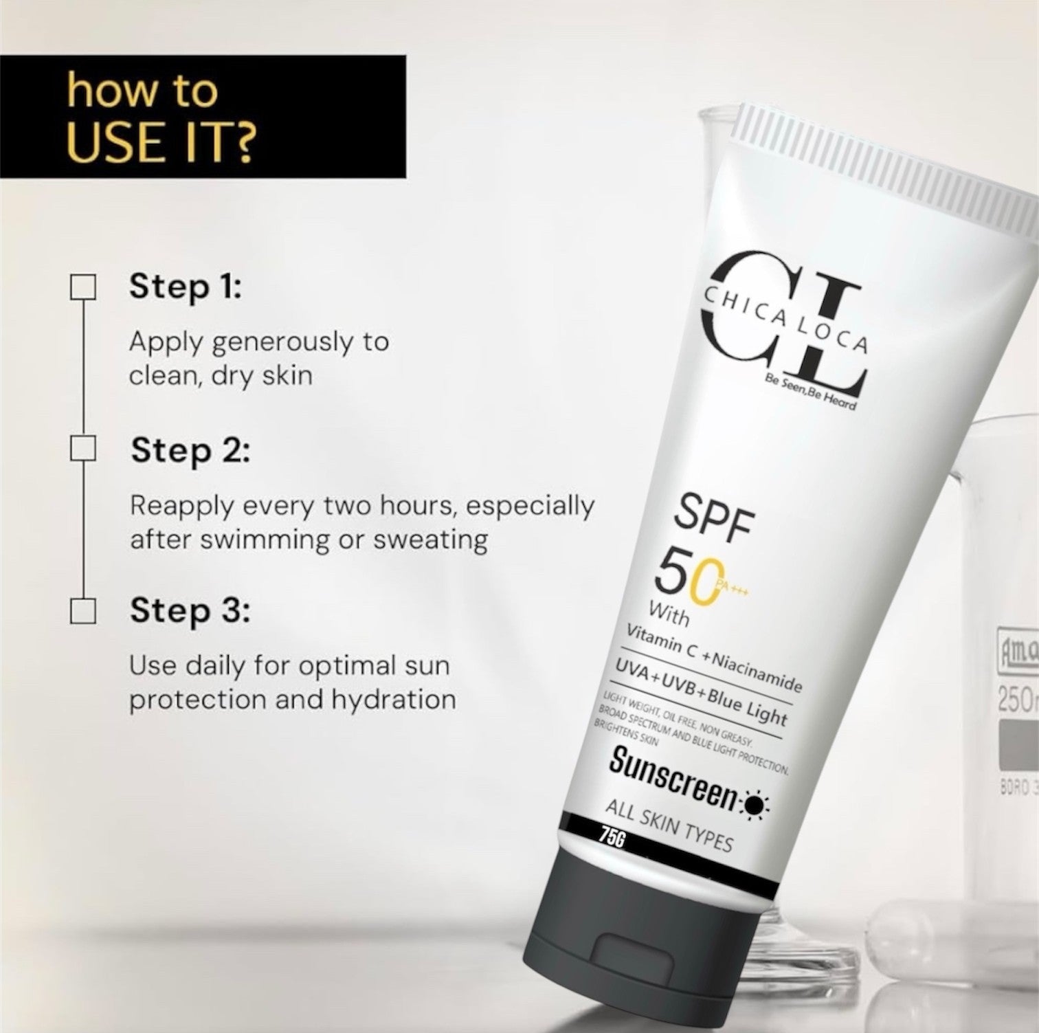 Woman applying CHICA LOCA Sunscreen SPF 50+++ for UV protection and tan prevention