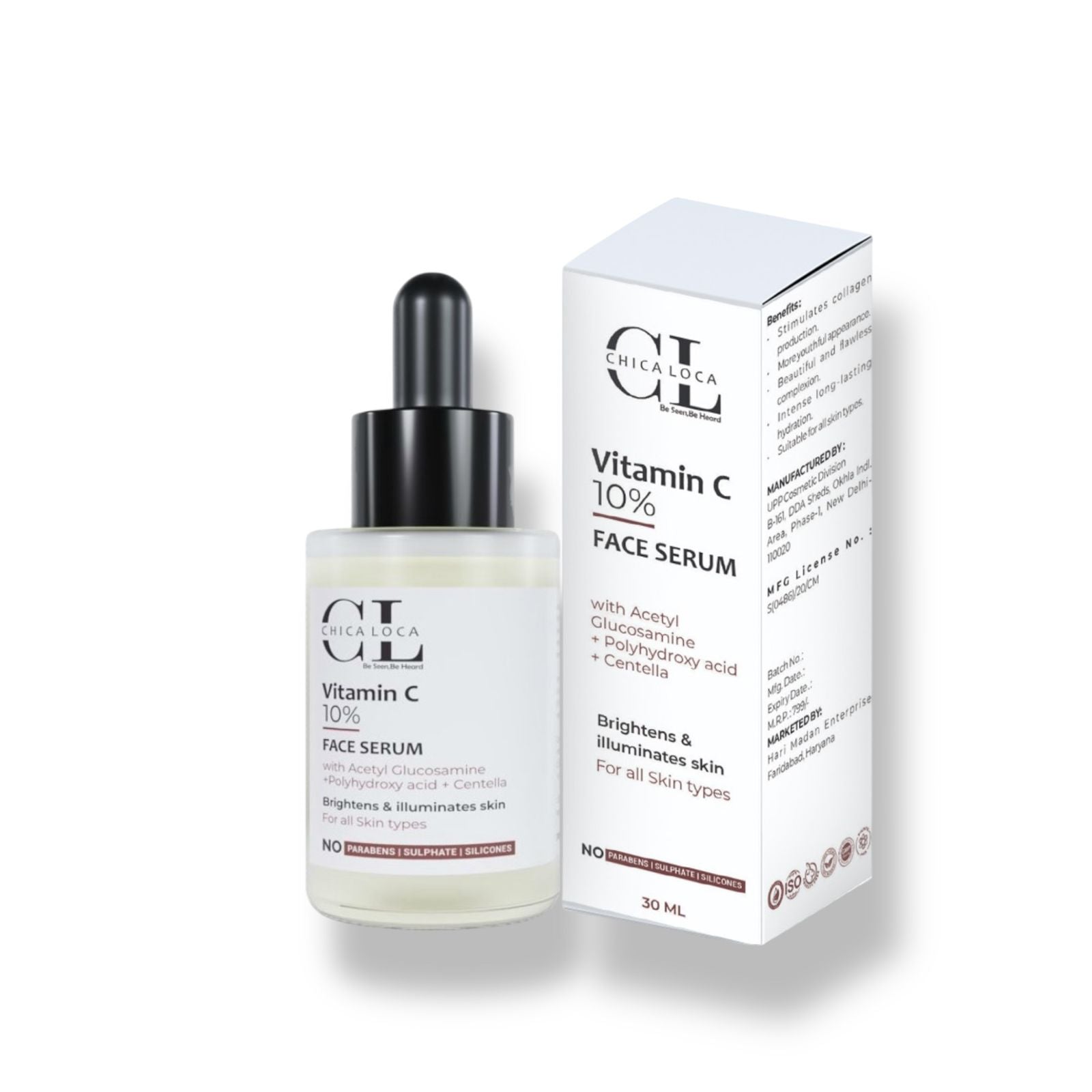 CHICALOCA Vitamin C 10% Face Serum with dropper, next to its packaging box.