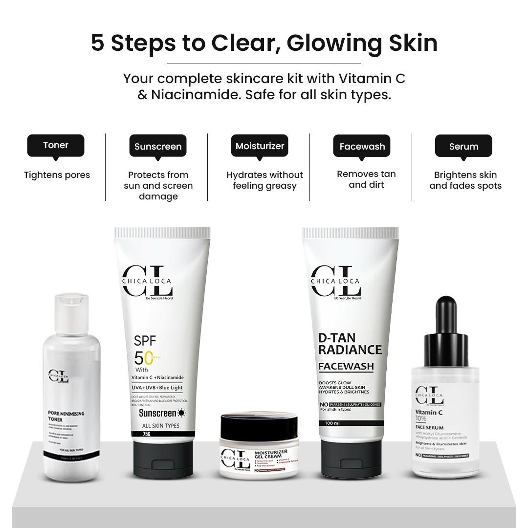 Vitamin C and Niacinamide skincare routine Chica-Loca – facewash, toner, serum, moisturizer and sunscreen SPF 50