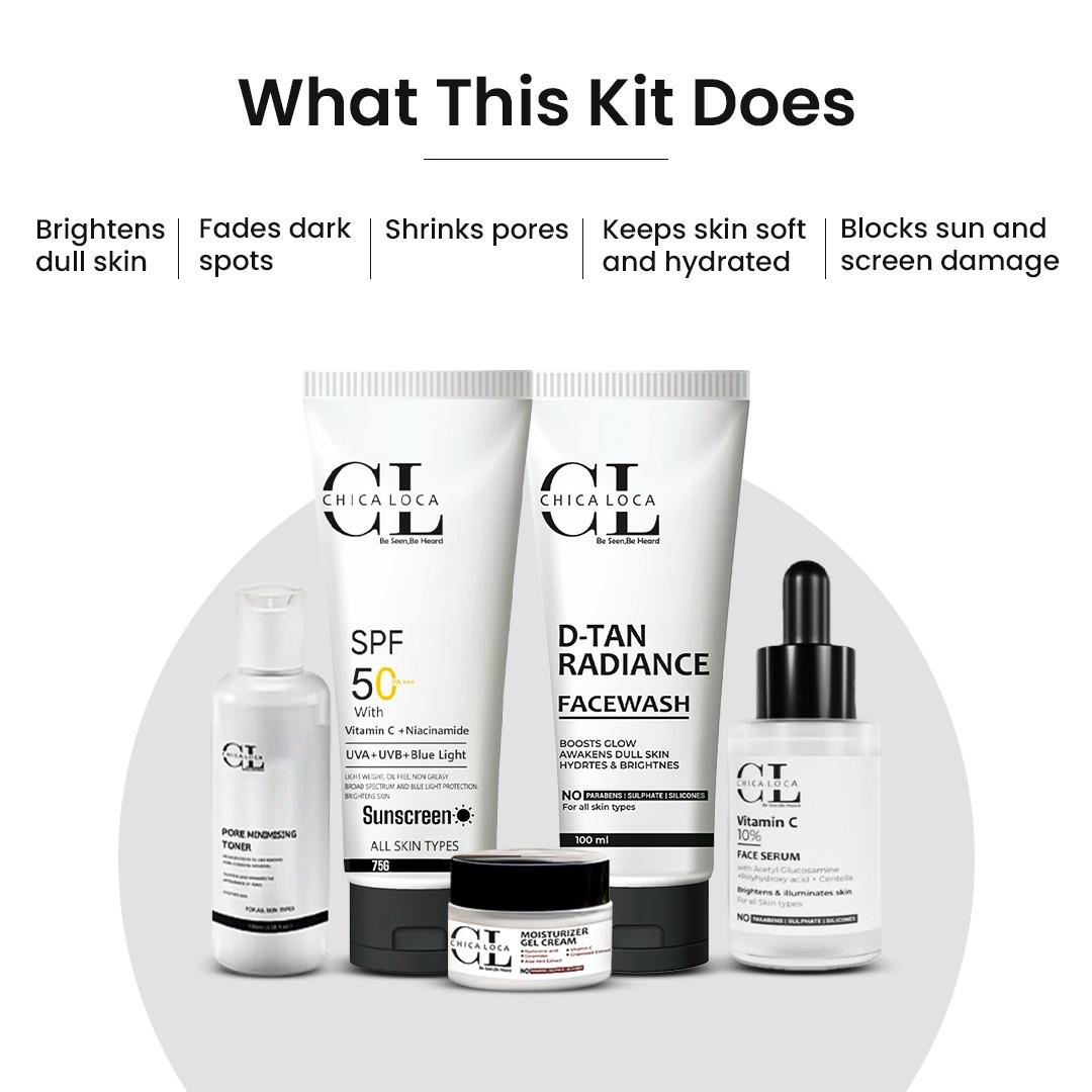 Vitamin C and Niacinamide skincare routine by Chica-Loca – facewash, toner, serum, moisturizer and sunscreen SPF 50