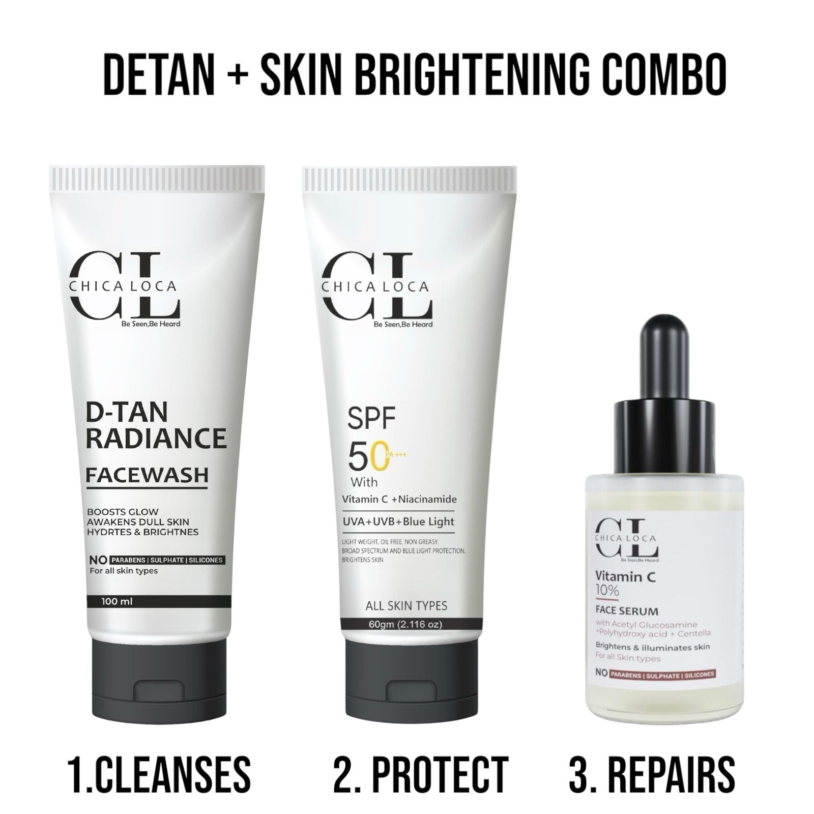 D-tan facewah & sunscreen or vitamin c serum full skin care pack