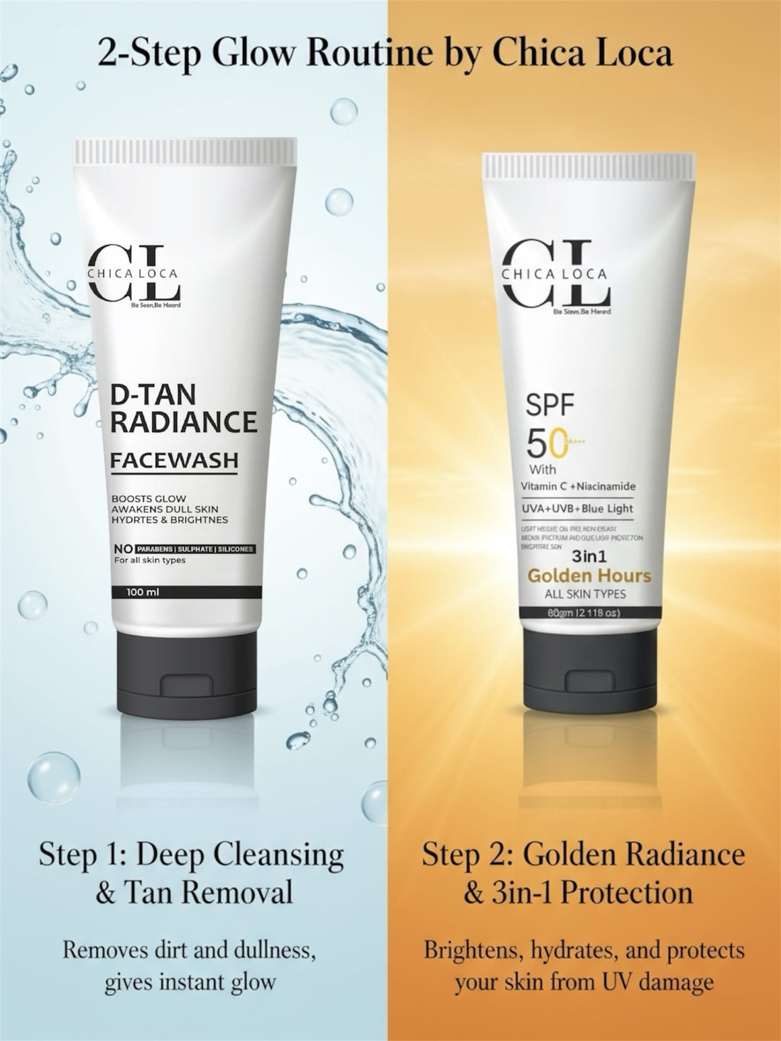 D-Tan facewash golden hours full day 2-step routine bright and glow skin