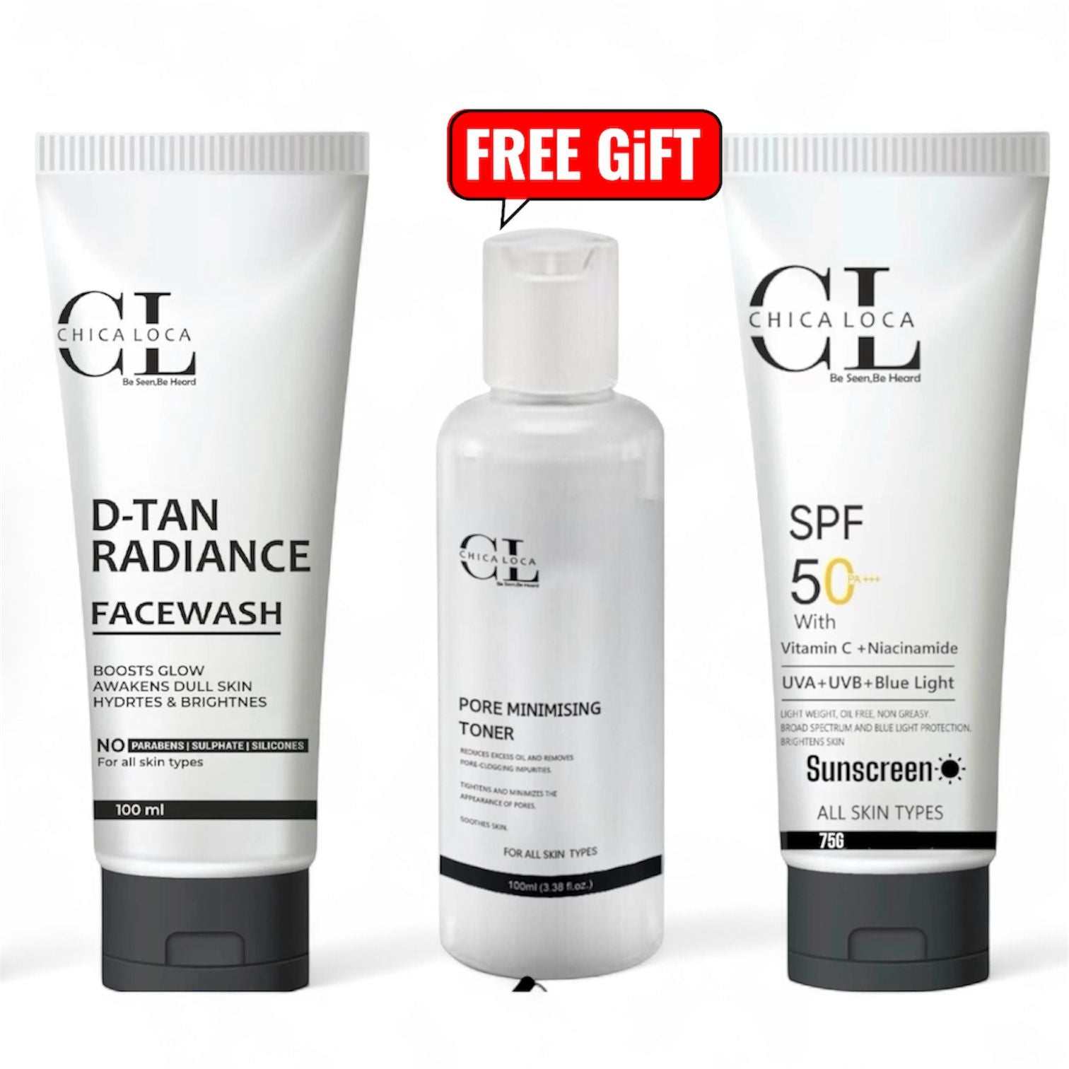CHICA LOCA D Tan Facewash, Toner and Sunscreen SPF 50+++ combo for tan removal, glow and UV protection