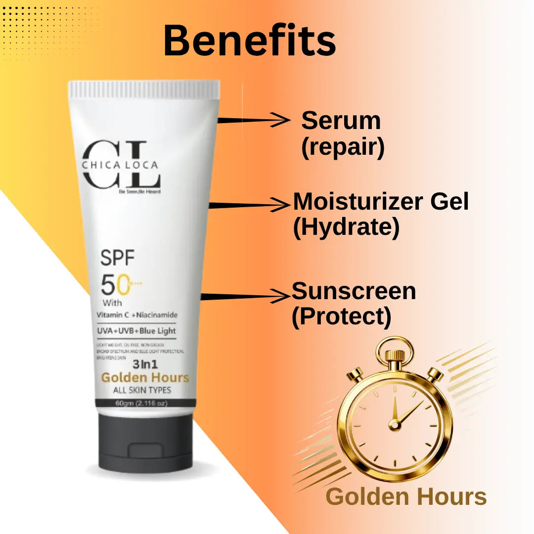 Golden hours serum repair or moisturizer gel hydrate our skin and sunscreen protect our skin 