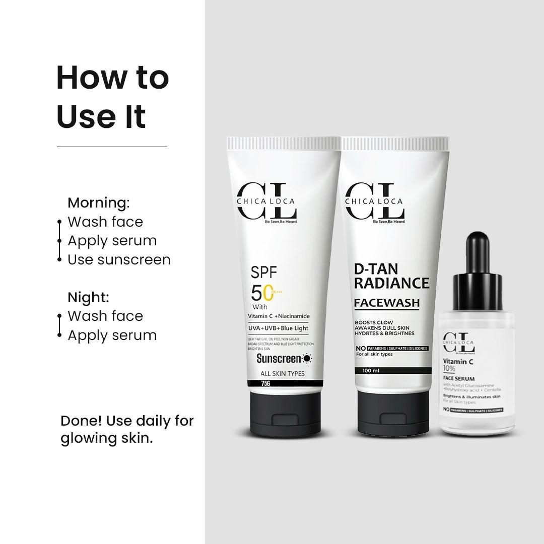 Vitamin C serum, facewash and skincare products for glowing, nourished and hydrated skin chica-loca.com