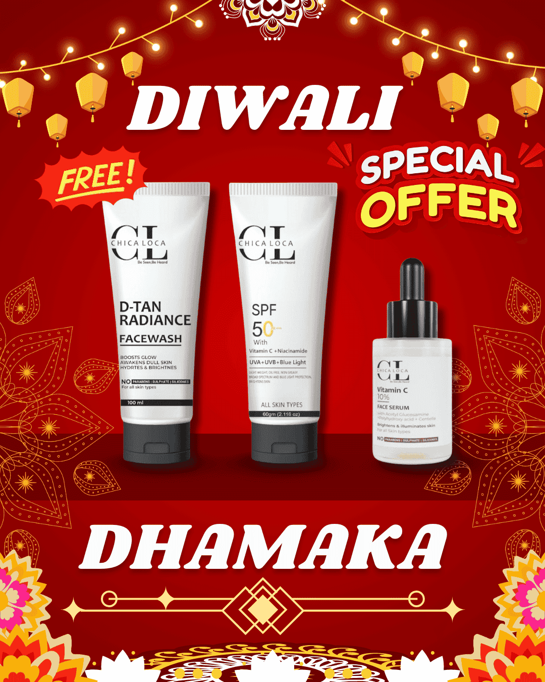 chica-loca D-tan facewash sunscreen vitamin c serum skincare for glow natural