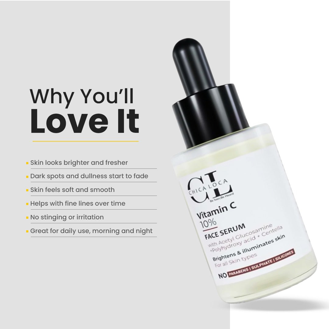 chicaloca Vitamin C face serum bottle with dropper on a white background