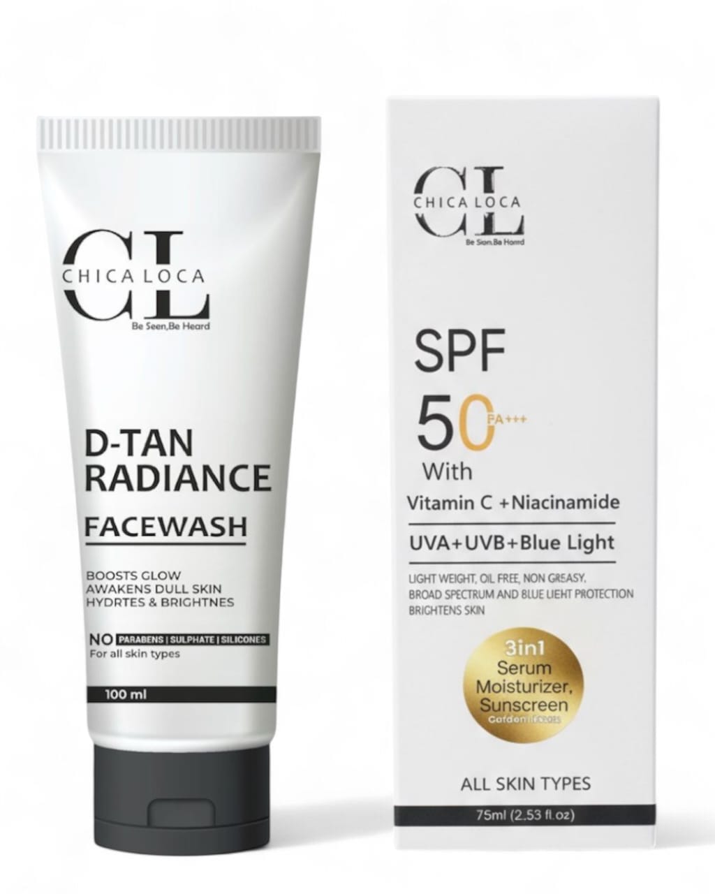 complete skincare duo by chicaloca d-tan facewash to remove tan and golden hours sunscreen vitamin c serum moisturizer for radiant protection