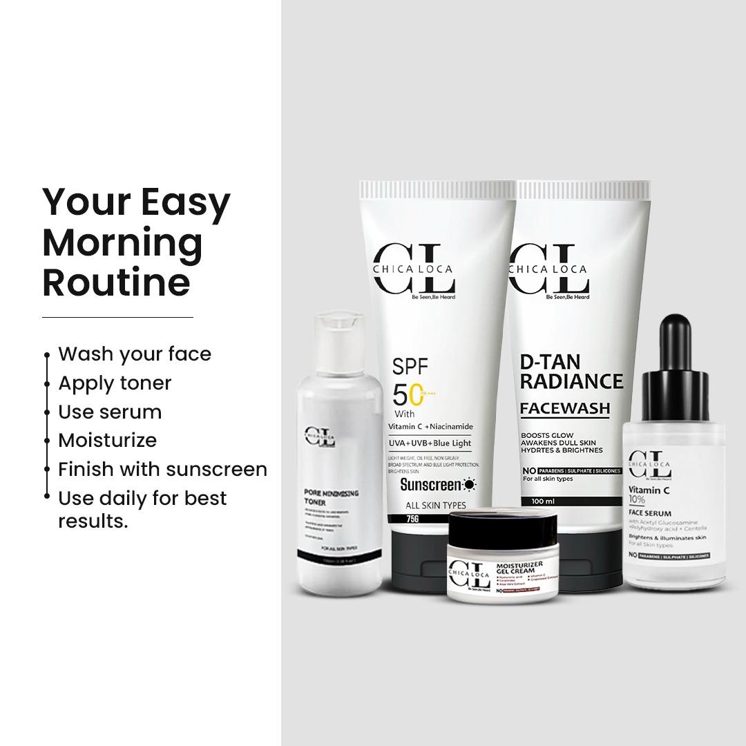 Vitamin C and Niacinamide skincare routine – facewash, toner, serum, moisturizer and sunscreen SPF 50 chica-loca.com