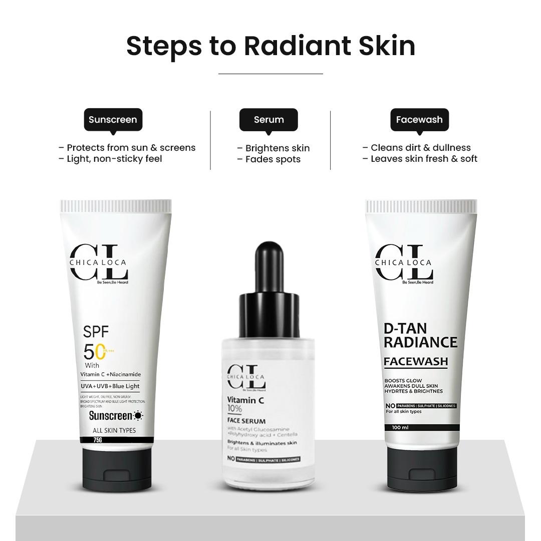 beauty product for skin care sunscreen & facewash & vitamin c serum by chica-loca.com