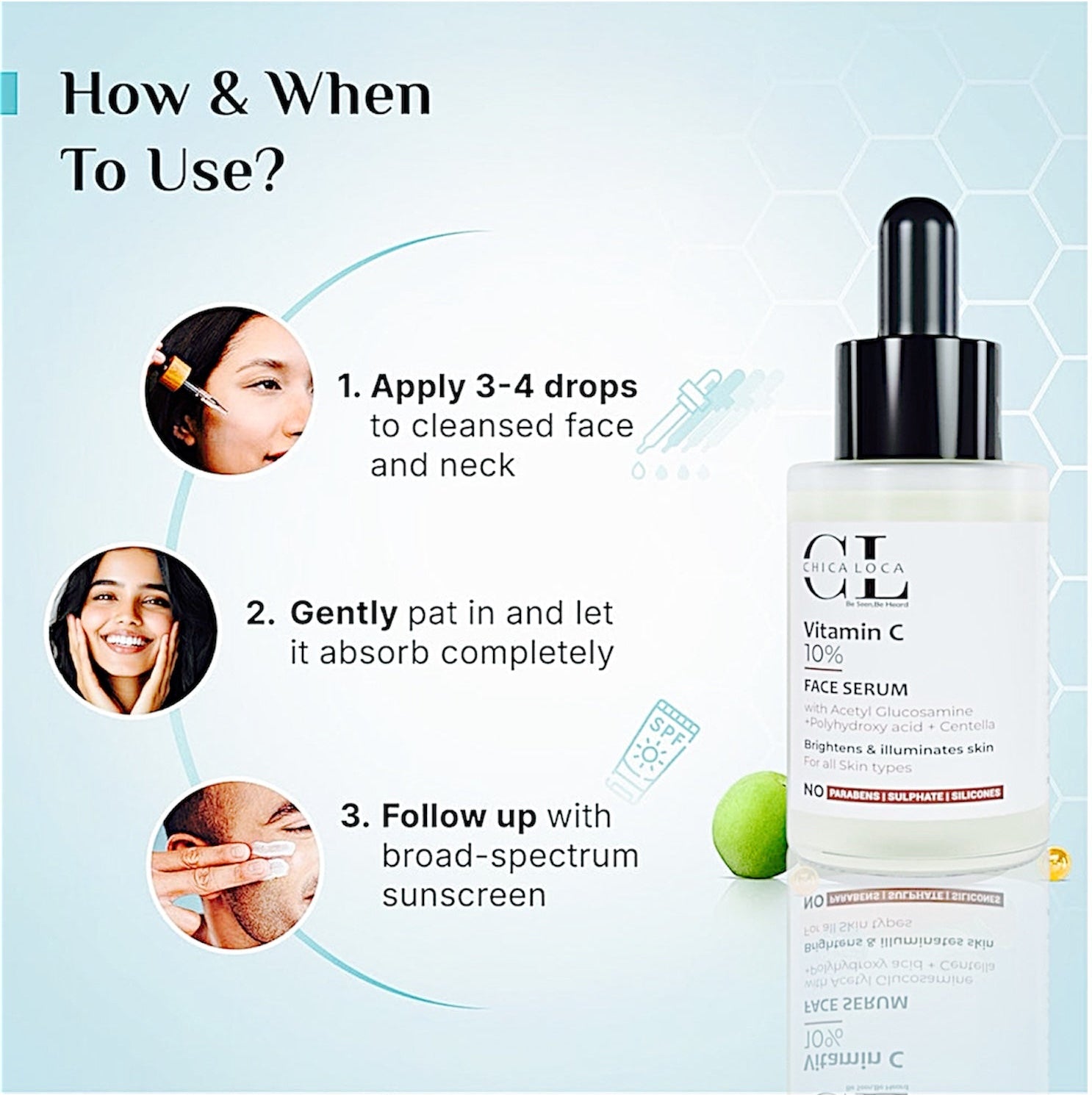 Lightweight Vitamin C Serum texture with antioxidant glow-how-to-use – CHICA LOCA