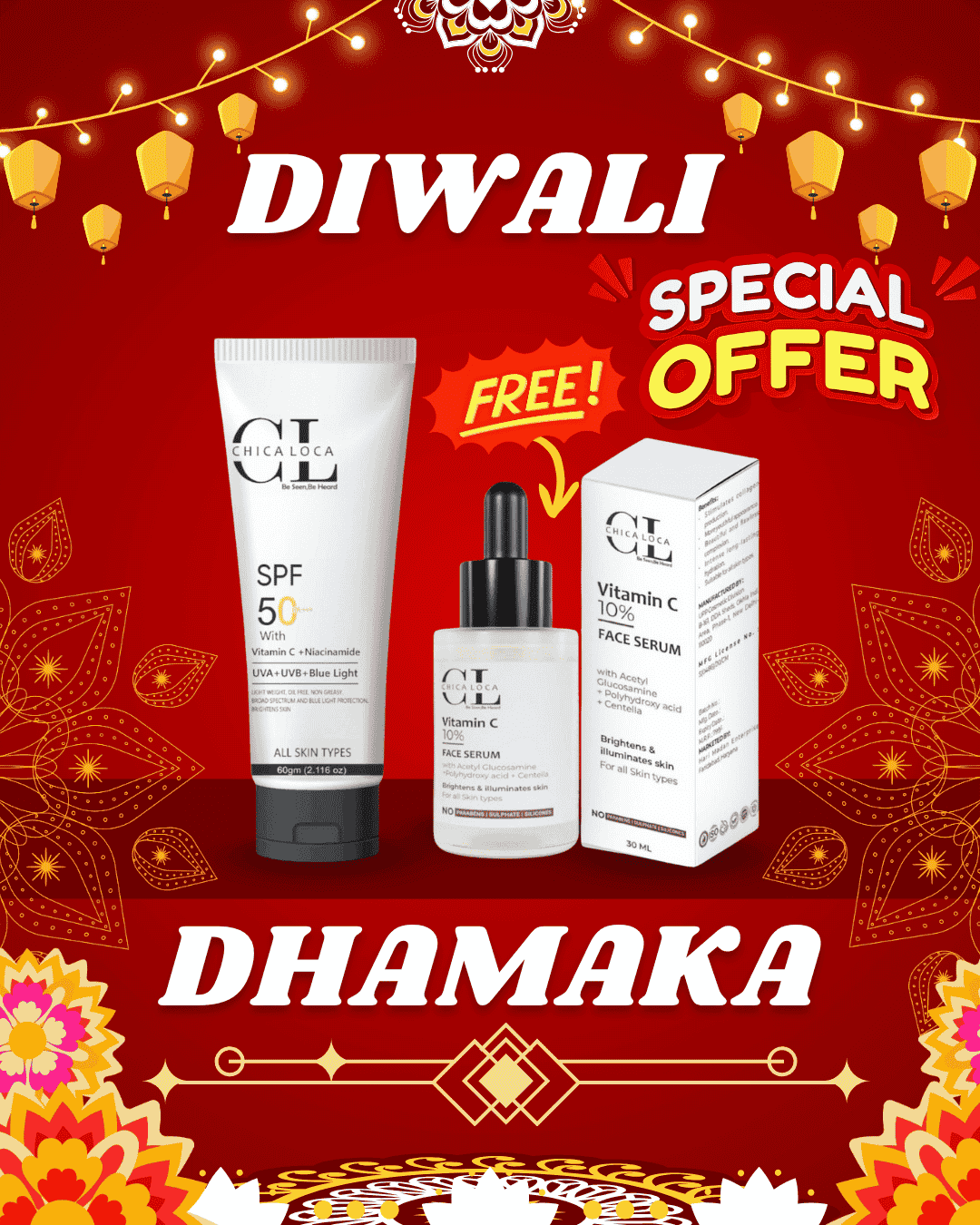 CHICA LOCA 2 in 1 Combo – Vitamin C Serum and Sunscreen SPF 50 for Glowing Tan-Free Skin